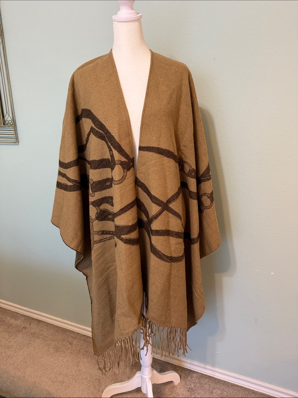 Lauren Ralph Lauren Camel and Dark Brown Fringe Wrap Cape